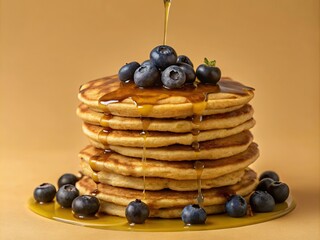 Blueberry pancakes stacked with maple syrup drizzled on top
