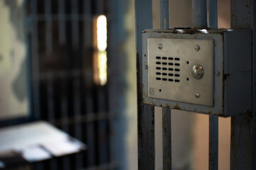close up of an intercom in a prison