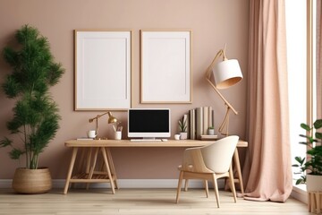 Cozy workplace interior at home with frame mockup, 3d render