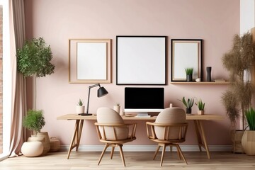 Cozy workplace interior at home with frame mockup, 3d render