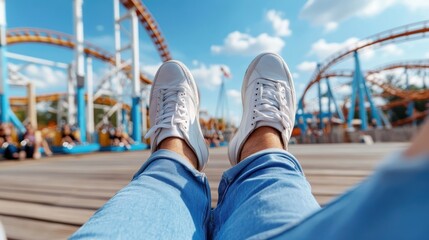 Feet in white sneakers casually resting on a wooden deck with a vibrant roller coaster scene unfolding in the background under a clear blue sky.