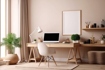 Cozy workplace interior at home with frame mockup, 3d render