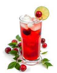 Vibrant Cocktail in Highball Glass with Ice and Fruit Garnish on White Background