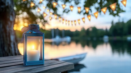 A serene lakeside scene at sunset featuring a glowing lantern with a candle on a wooden table, highlighted by festive bunting flags and soft ambient lighting, evoking warmth.