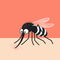 Cute Cartoon Flat Vector Mosquito Sucking Blood on Skin. Insect Enthusiasts. Bloodsucking Mosquito Design Template for Pest Control, Nature Education Concept, Vector Illustration