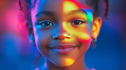 Fototapeta premium Rainbow of Hope: A close-up portrait of a young African American girl, her face bathed in vibrant, colorful light, symbolizing a future filled with possibilities and dreams. 