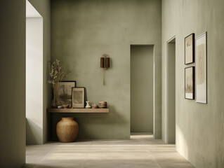 Wabi sabi japanese style rustic interior in with wood, pottery and texture elements