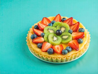 Fresh fruit tart with kiwi, strawberries, and blueberries