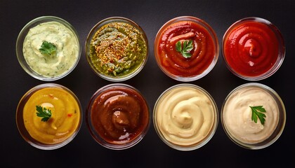 Assorted Sauces and Dips in Glass Bowls