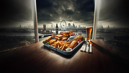 Indulge in traditional British cuisine with fish and chips, pies, and Victoria sponge cake, all set against the iconic London skyline featuring Big Ben and the London Eye. 