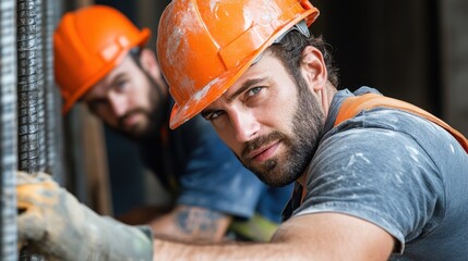 A construction worker wearing a helmet and gloves, measuring material with a focused expression at a building site, highlighting precision and teamwork in construction projects.