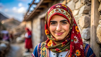 Obraz premium a Kurdish woman from eastern Turkey with traditional clothing in her village
