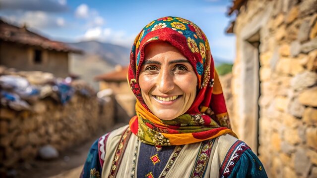 a Kurdish woman from eastern Turkey with traditional clothing in her village