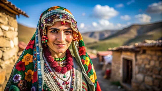 a Kurdish woman from eastern Turkey with traditional clothing in her village