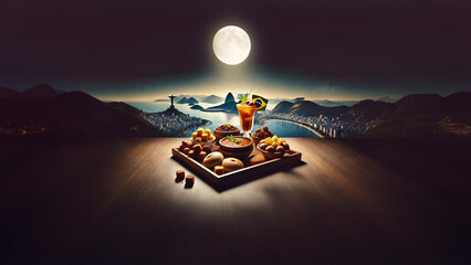 Indulge in a vibrant Brazilian feast featuring traditional dishes and a refreshing drink, all enjoyed under a full moon with a stunning view of Rio de Janeiro’s iconic skyline and Christ the Redeemer 
