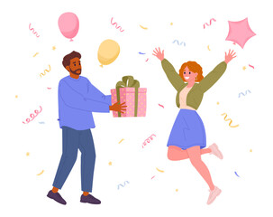 Birthday gift giving. Man gives gift box to happy woman, festive mood, celebrating birthday party flat vector illustration. Couple with present box