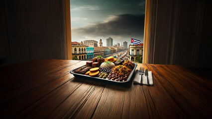 Enjoy an authentic Cuban meal with rice, beans, and plantains, all accompanied by an iconic view of the Malecón and the vibrant architecture of Havana, under the waving Cuban flag 