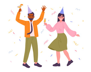 Cartoon celebrating couple. Cheerful man and woman celebrate holiday, characters with drinks and confetti at Birthday party flat vector illustration. Happy celebrating friends