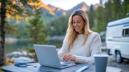 A woman in a warm sweater working on her laptop at a table near a lake with mountains in the background, showcasing a peaceful remote work environment.