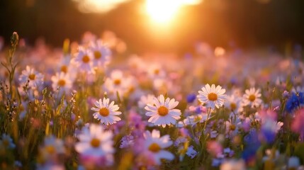 Fototapeta premium Nature beauty with a field of wildflowers in full bloom, with a soft breeze and warm sunlight, capturing the essence of spring, Serene, Warm Tones, Wide Angle