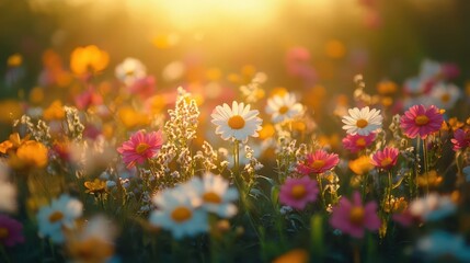 Nature beauty with a field of wildflowers in full bloom, with a soft breeze and warm sunlight, capturing the essence of spring, Serene, Warm Tones, Wide Angle