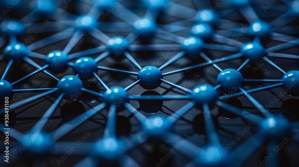 Poster an abstract network of blue spheres connected by black lines on a black background. the spheres are 