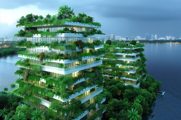 The image shows a futuristic green skyscraper with a view of the river and city skyline in the background. The building is covered in lush vegetation, giving it a unique and eco-friendly appearance.