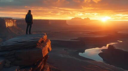 Fototapeta premium Travel exploration with a hiker standing on a cliff, overlooking a vast landscape at sunrise, Majestic, Cool Tones, Wide Shot
