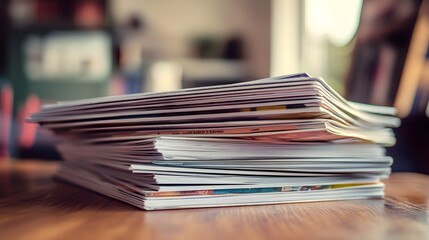 A stack of freshly printed magazines on a wooden table with a blurred background, inviting readers to explore its content