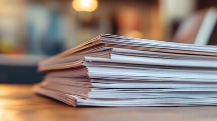 A stack of freshly printed magazines on a wooden table with a blurred background, inviting readers to explore its content