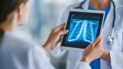 Close-up of a pulmonologist discussing treatment options with a patient, highlighting a digital tablet with lung health information