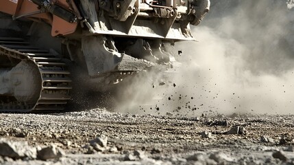 A close-up shot of a quarry rock splitter in action, showcasing the intricate details of the machinery and the dust particles created by the splitting process