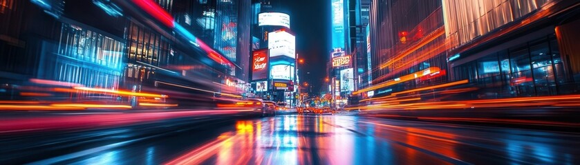 Urban photography capturing the bustling energy of a city at night, with neon lights and blurred motion, Dynamic, Cool Tones, Wide Angle
