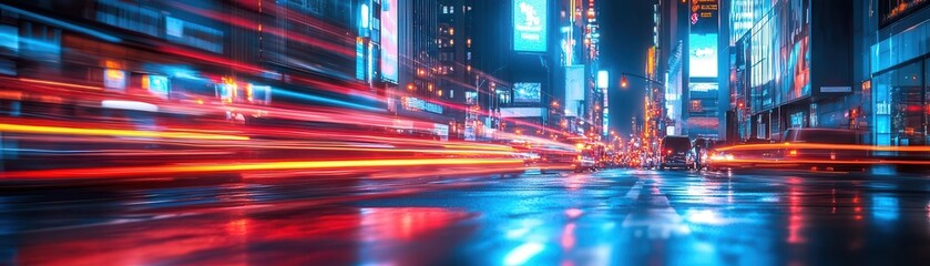 Fototapeta premium Urban photography capturing the bustling energy of a city at night, with neon lights and blurred motion, Dynamic, Cool Tones, Wide Angle