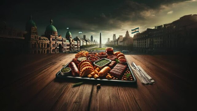 Experience the authentic flavors of Argentina with a traditional asado, featuring grilled meats, sausages, and empanadas, set against the backdrop of Buenos Aires&rsquo; iconic Obelisk and cityscape 