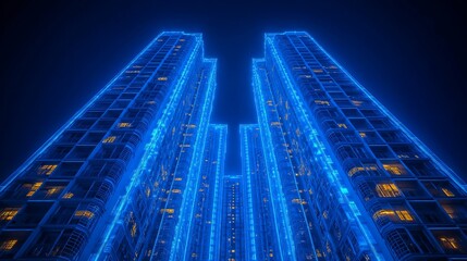 Graphic illustration of residential buildings with blue lines and laser contours. Digital building artwork with laser emission on building outlines.