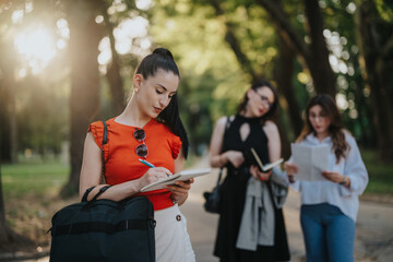 Young businesswomen working in a park. Focused on writing and discussing ideas. Professional...