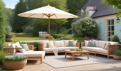 Garden lounge, outdoor furniture and countryside house patio decor with sofa and table, country cottage style landscape design,