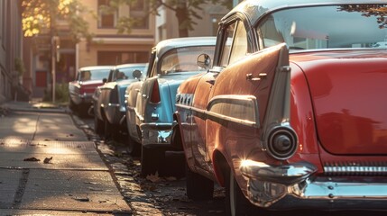 Pieces of three classic automobiles positioned beside the street.