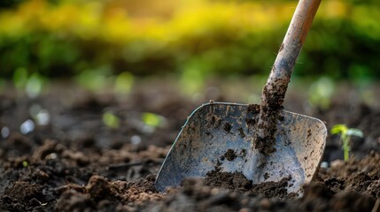 A close-up of a shovel in the ground with dirt on the blade.