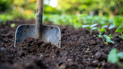 Shovel in the garden with fresh green sprouts growing through the soil.