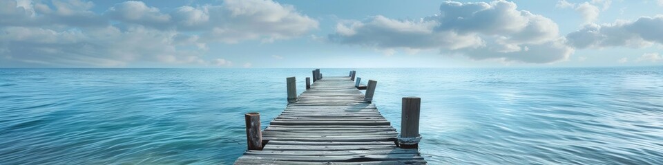 Fototapeta premium Wooden pier reaching into the ocean with ample open space, a vintage abandoned dock or patio overlooking a serene blue lake, and a rustic jetty aged bridge or waterfront wharf beside a quiet lakeshore