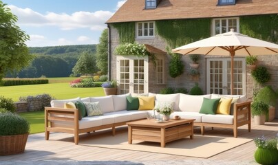 Garden lounge, outdoor furniture and countryside house patio decor with sofa and table, country cottage style landscape design,