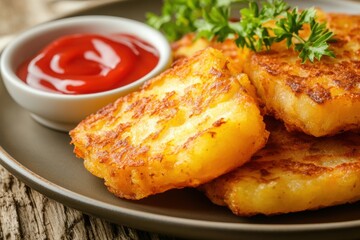 Golden hash browns on a plate with a side of ketchup. Breakfast or brunch food.