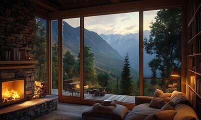 Fototapeta premium Cozy Mountain Cabin with Stone Fireplace and Forest Valley View Terrace