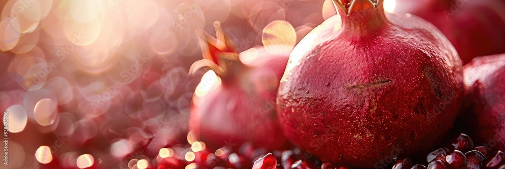 Wall mural close-up of a ripe red pomegranate showcasing its juicy seeds, ideal for nutrition and juice extract