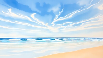 Dreamy Coastal Scene with Delicate Clouds and Gentle Waves - Watercolor Painting