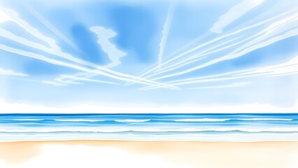 Dreamy Coastal Scene with Delicate Clouds and Gentle Waves - Watercolor Painting