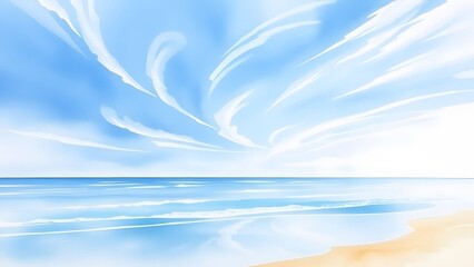 Dreamy Coastal Scene with Delicate Clouds and Gentle Waves - Watercolor Painting