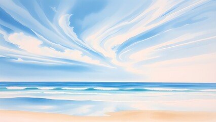 Dreamy Coastal Scene with Delicate Clouds and Gentle Waves - Watercolor Painting
